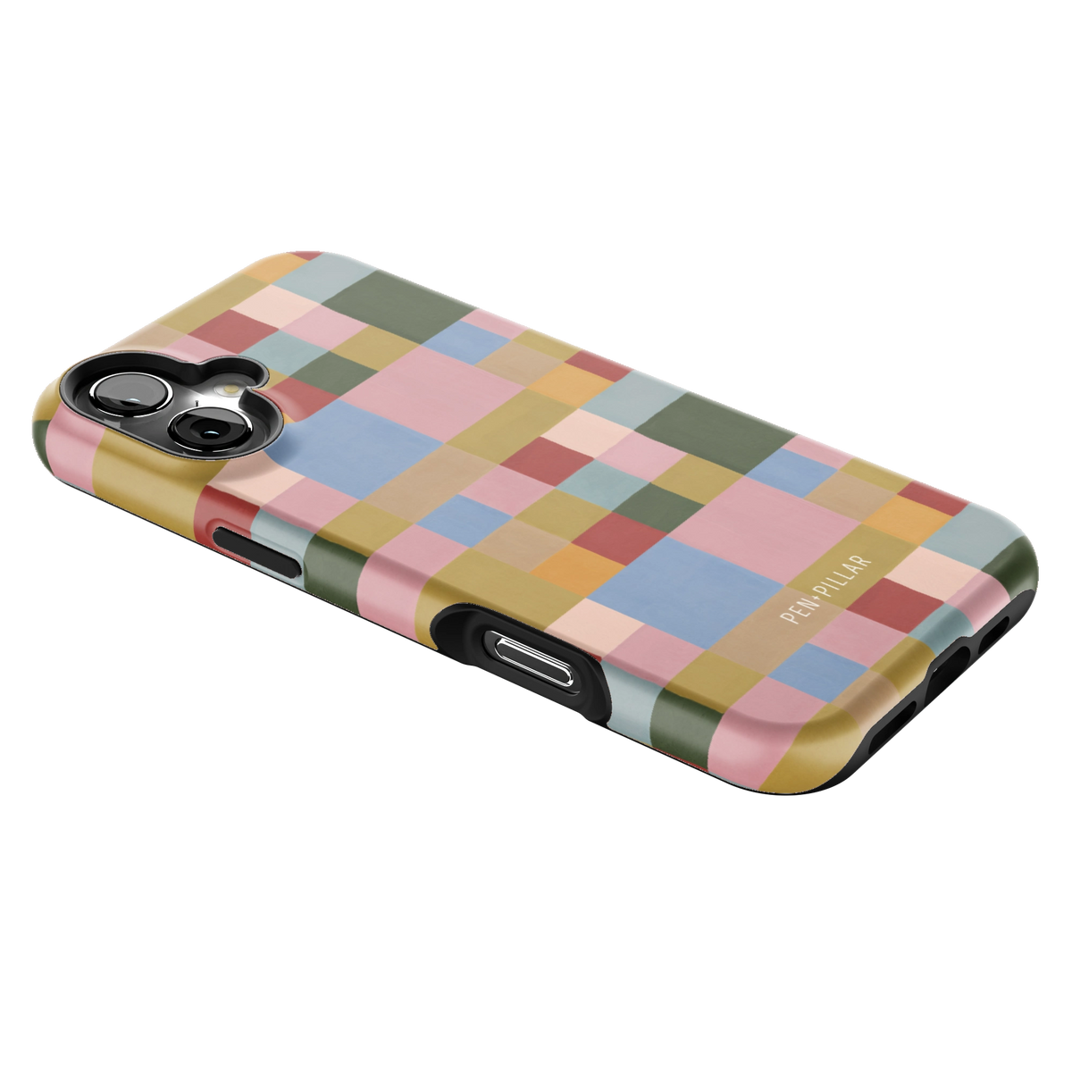 Colorblock iPhone 16 Plus case lying at an angle, showing the side buttons and print wrapping the edges