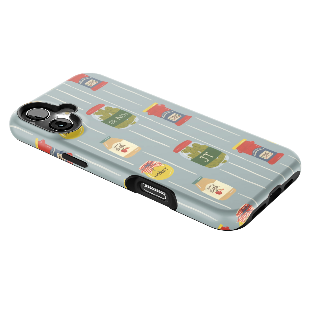 Preserves Personalized iPhone 16 Plus case lying at an angle, showing the side buttons and print wrapping the edges
