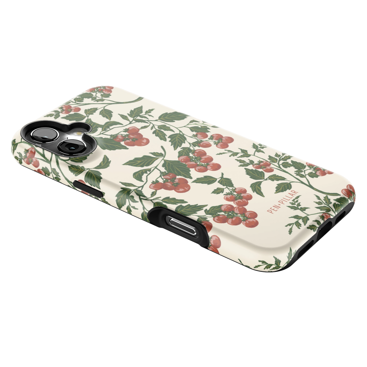 Tomato Vines iPhone 16 Plus case lying at an angle, showing the side buttons and print wrapping the edges