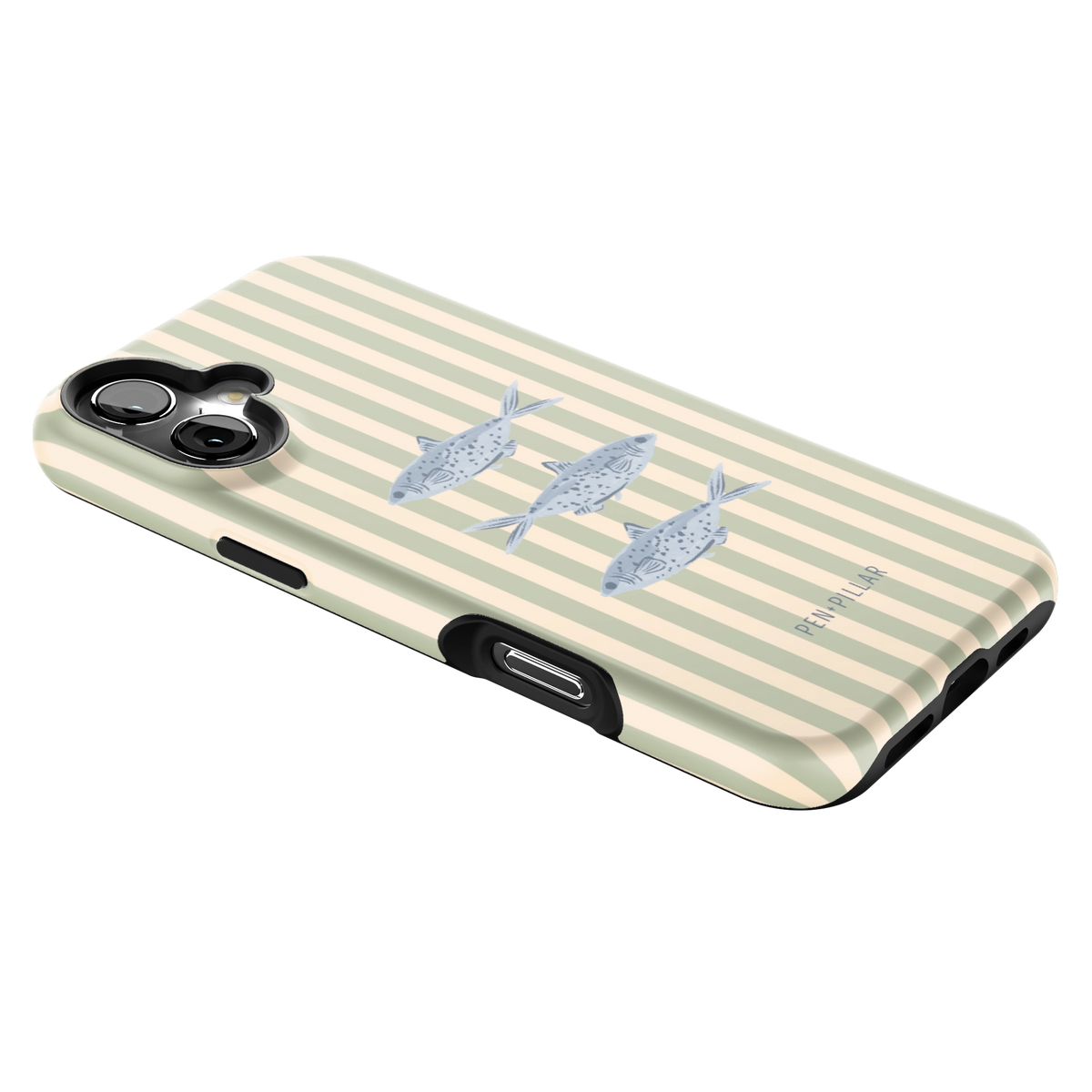 Sea Stripes iPhone 16 Plus case lying at an angle, showing the side buttons and print wrapping the edges