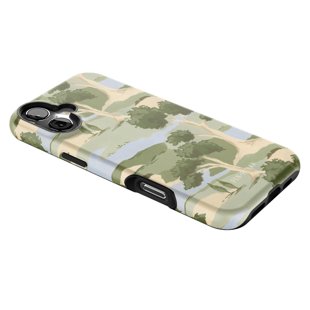 Orchard iPhone 16 Plus case lying at an angle, showing the side buttons and print wrapping the edges