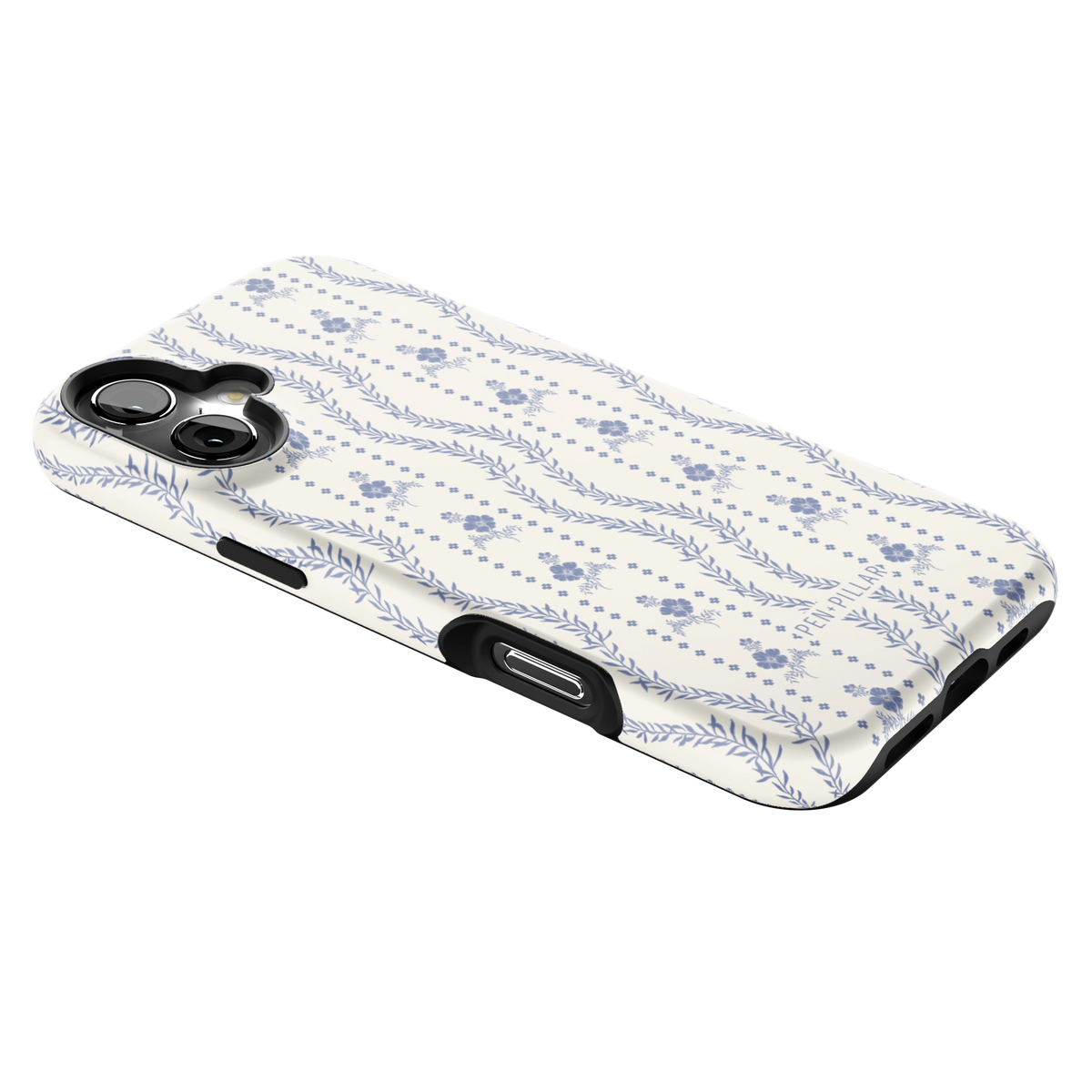 Riviera iPhone 16 Plus case lying at an angle, showing the side buttons and print wrapping the edges