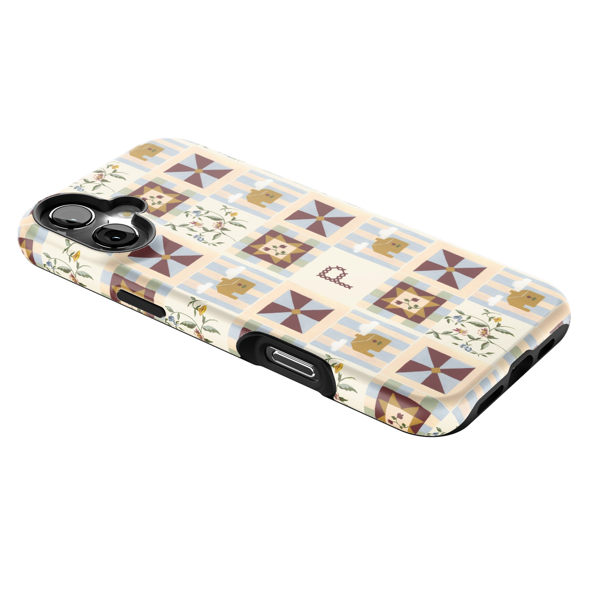 Pinwheel Personalized iPhone 16 Plus case lying at an angle, showing the side buttons and print wrapping the edges