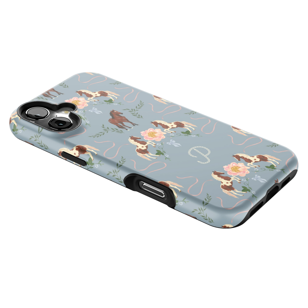 Prairie Personalized iPhone 16 Plus case lying at an angle, showing the side buttons and print wrapping the edges