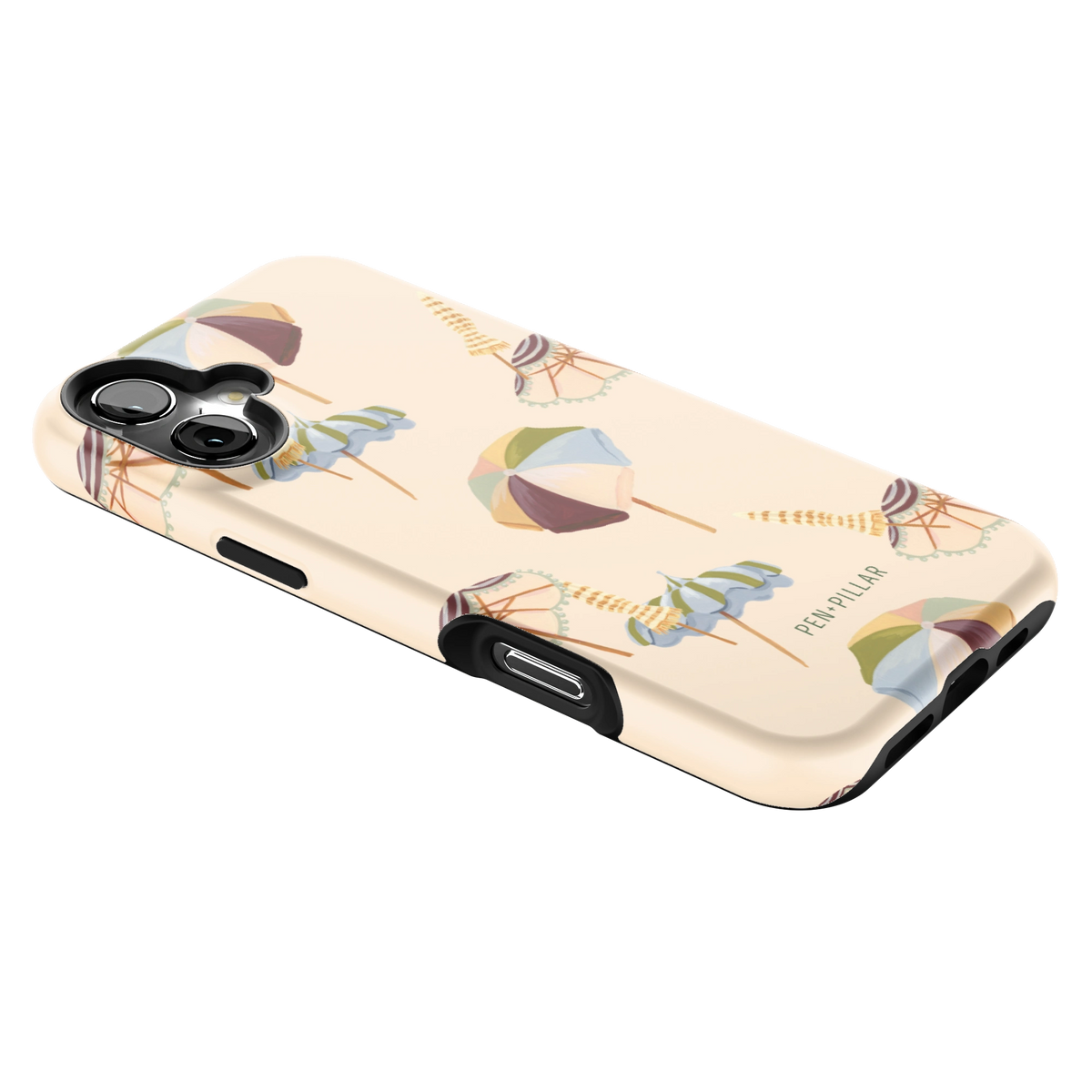 Umbrellas iPhone 16 Plus case lying at an angle, showing the side buttons and print wrapping the edges