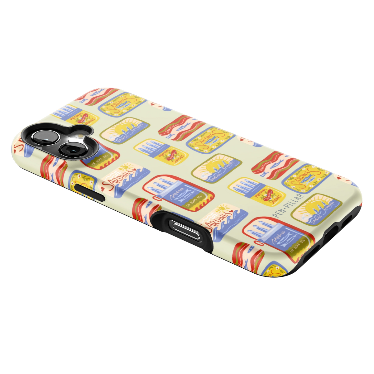 Sardines iPhone 16 Plus case lying at an angle, showing the side buttons and print wrapping the edges