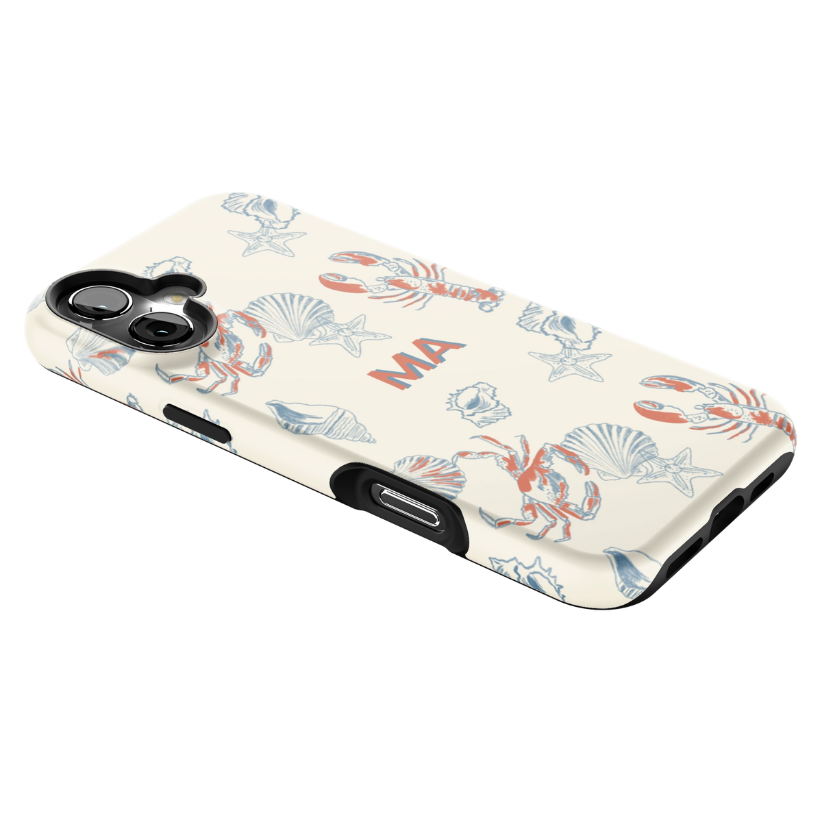 Mariner Personalized iPhone 16 Plus case lying at an angle, showing the side buttons and print wrapping the edges