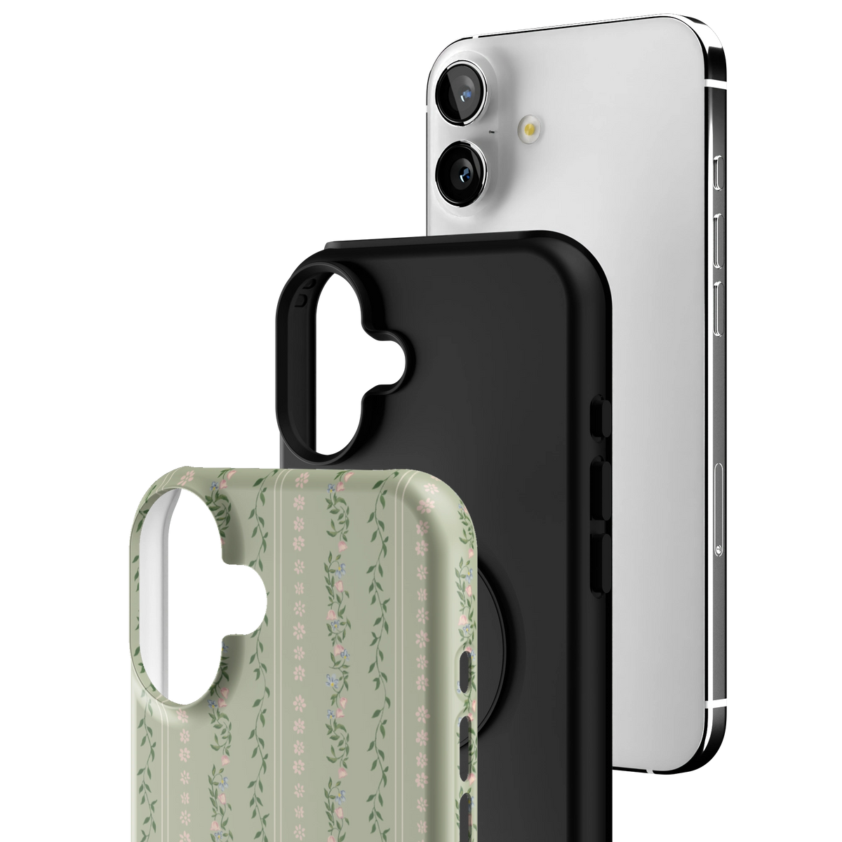 Exploded view of the Camellia iPhone 16 Plus case: printed shell, black inner layer with MagSafe ring, and phone