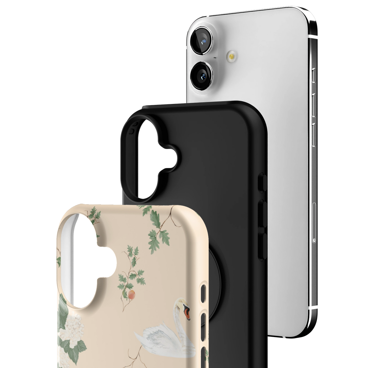 Exploded view of the Swan Hollow iPhone 16 Plus case: printed shell, black inner layer with MagSafe ring, and phone