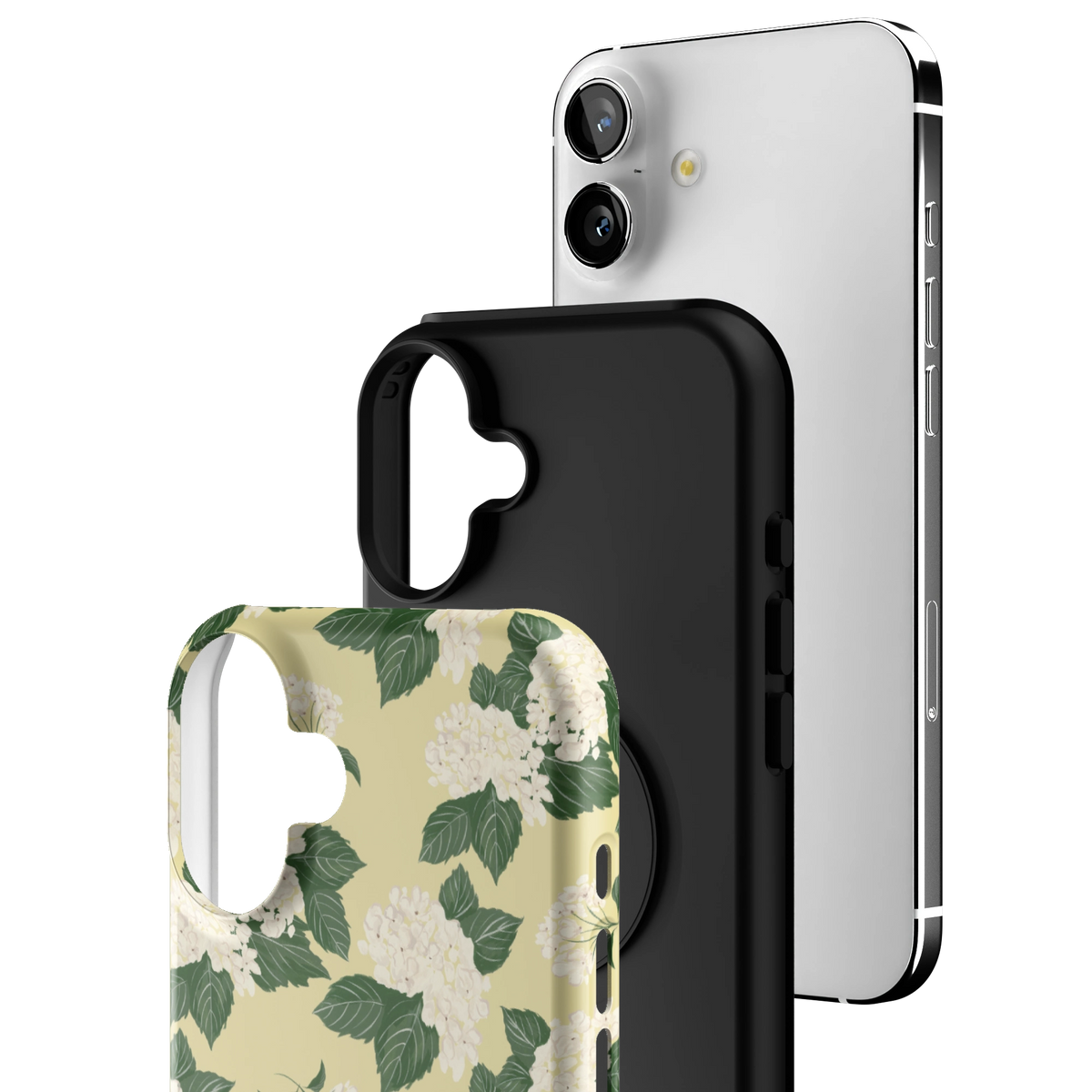 Exploded view of the Hydrangea iPhone 16 Plus case: printed shell, black inner layer with MagSafe ring, and phone
