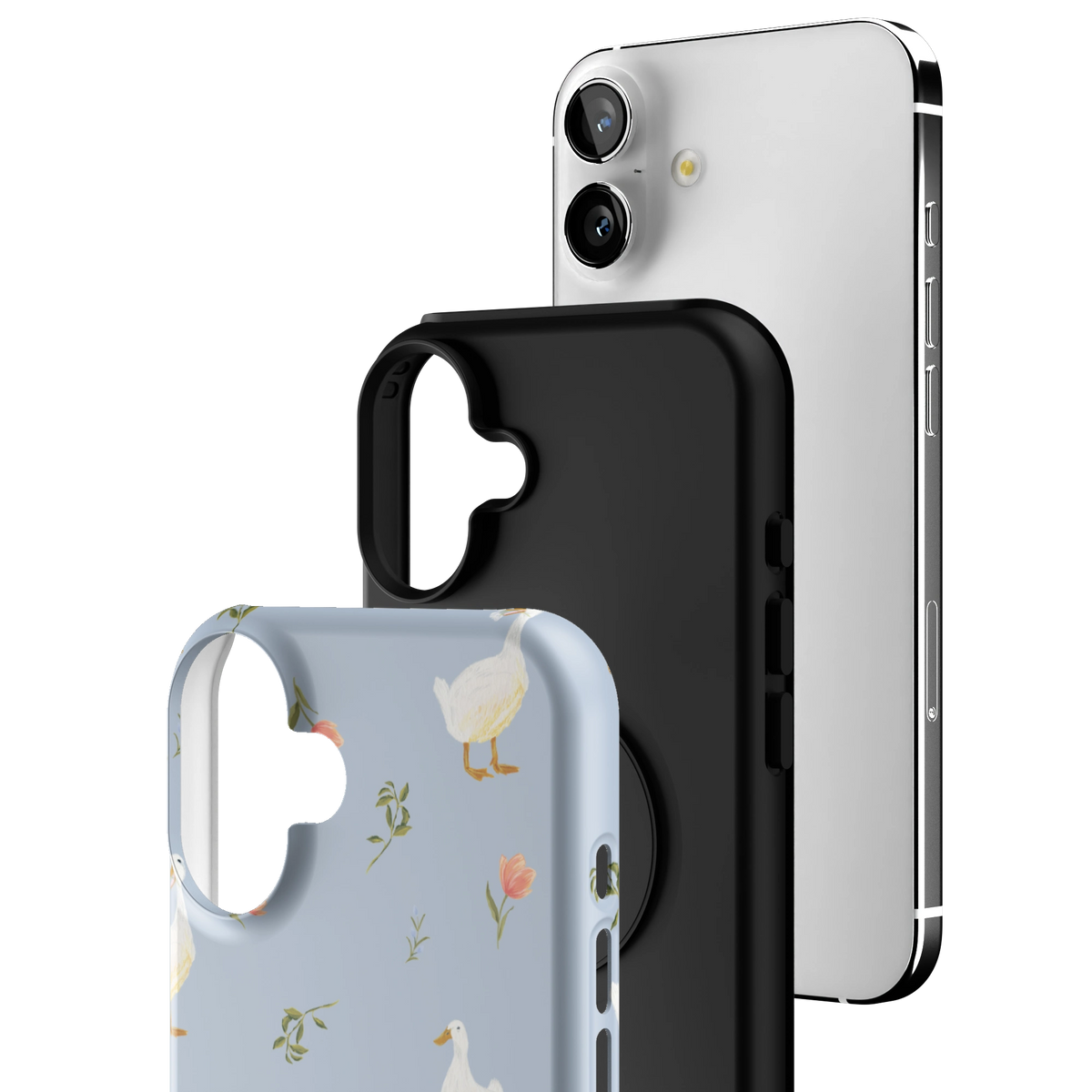 Exploded view of the Ducks iPhone 16 Plus case: printed shell, black inner layer with MagSafe ring, and phone