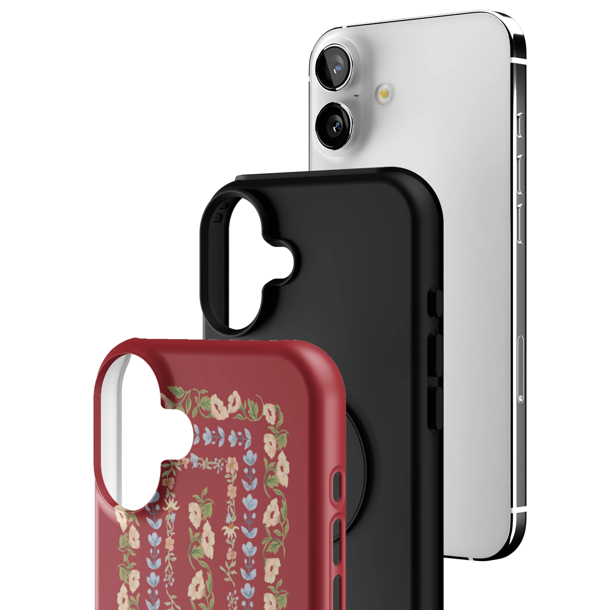 Exploded view of the Fiona iPhone 16 Plus case: printed shell, black inner layer with MagSafe ring, and phone
