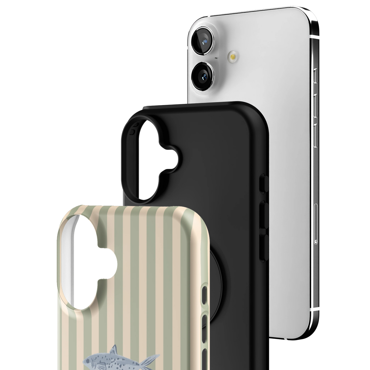 Exploded view of the Sea Stripes Personalized iPhone 16 Plus case: printed shell, black inner layer with MagSafe ring, and phone