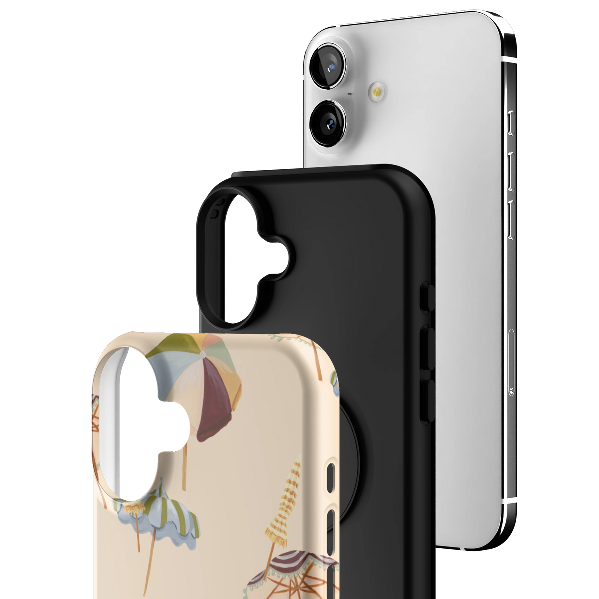 Exploded view of the Umbrellas iPhone 16 Plus case: printed shell, black inner layer with MagSafe ring, and phone