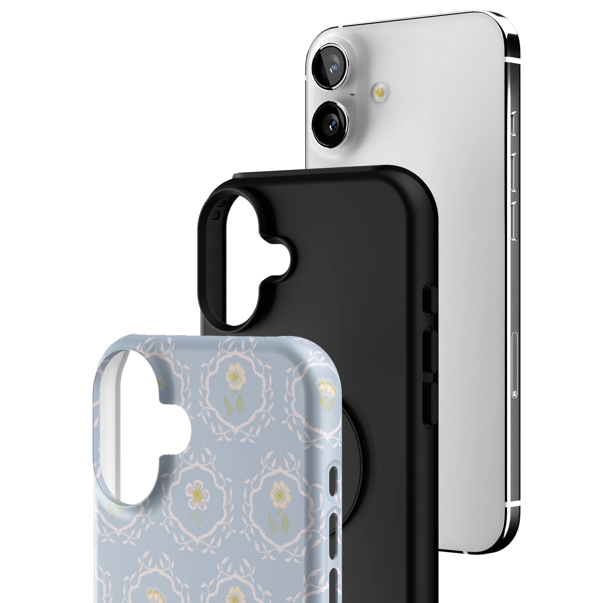 Exploded view of the Merrigold iPhone 16 Plus case: printed shell, black inner layer with MagSafe ring, and phone