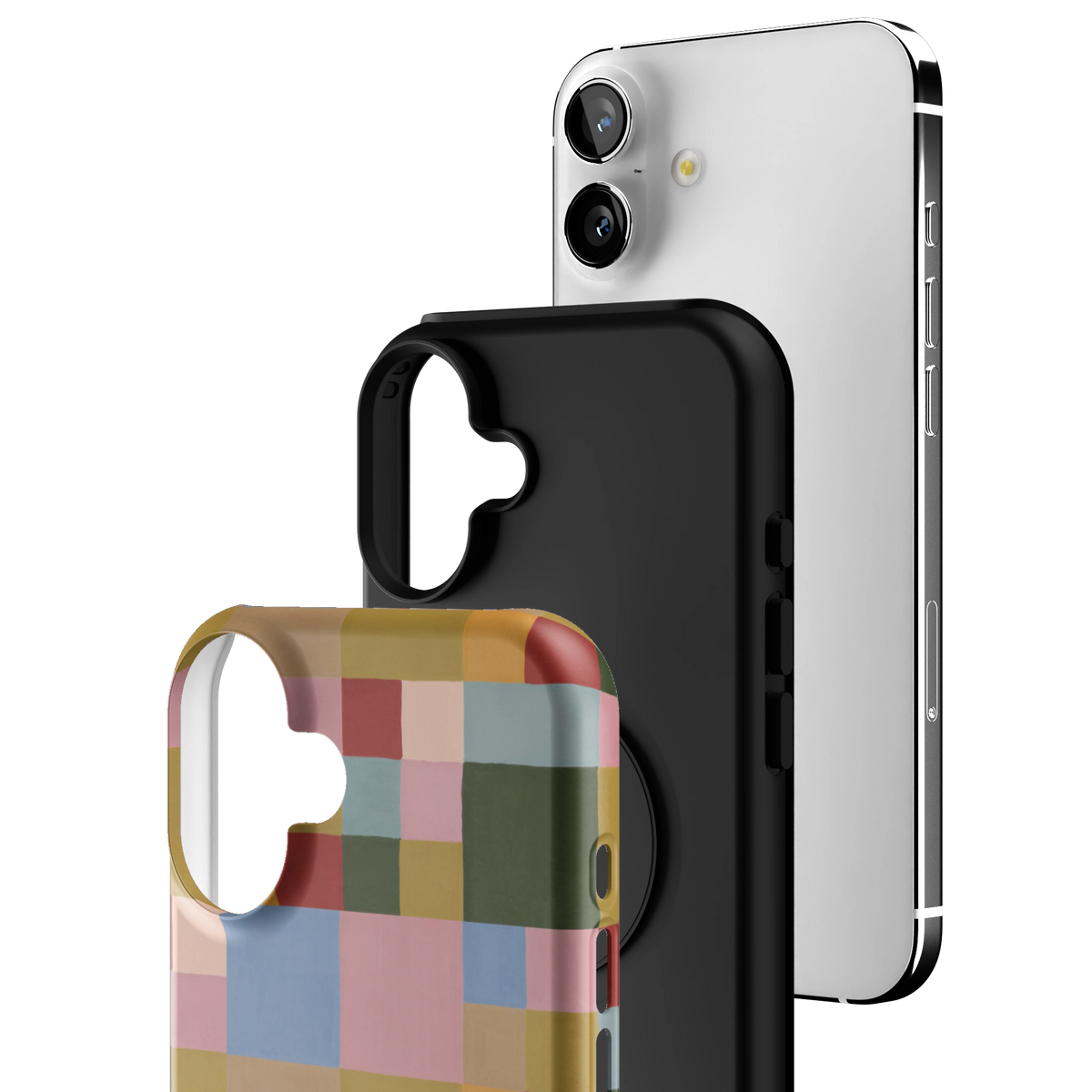 Exploded view of the Colorblock iPhone 16 Plus case: printed shell, black inner layer with MagSafe ring, and phone