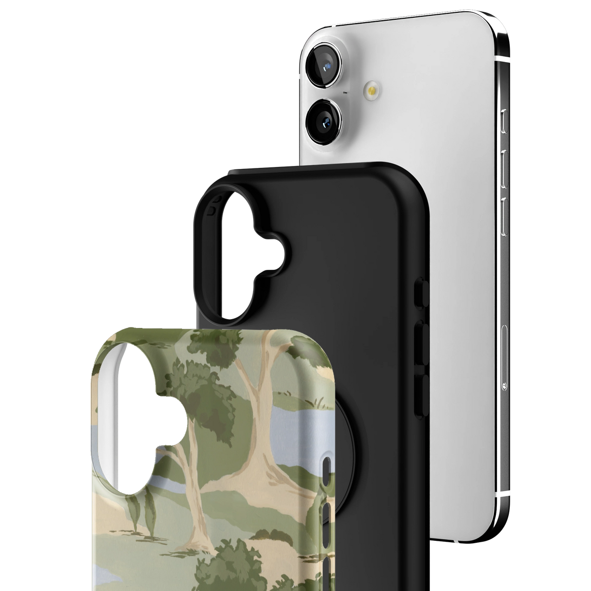 Exploded view of the Orchard iPhone 16 Plus case: printed shell, black inner layer with MagSafe ring, and phone