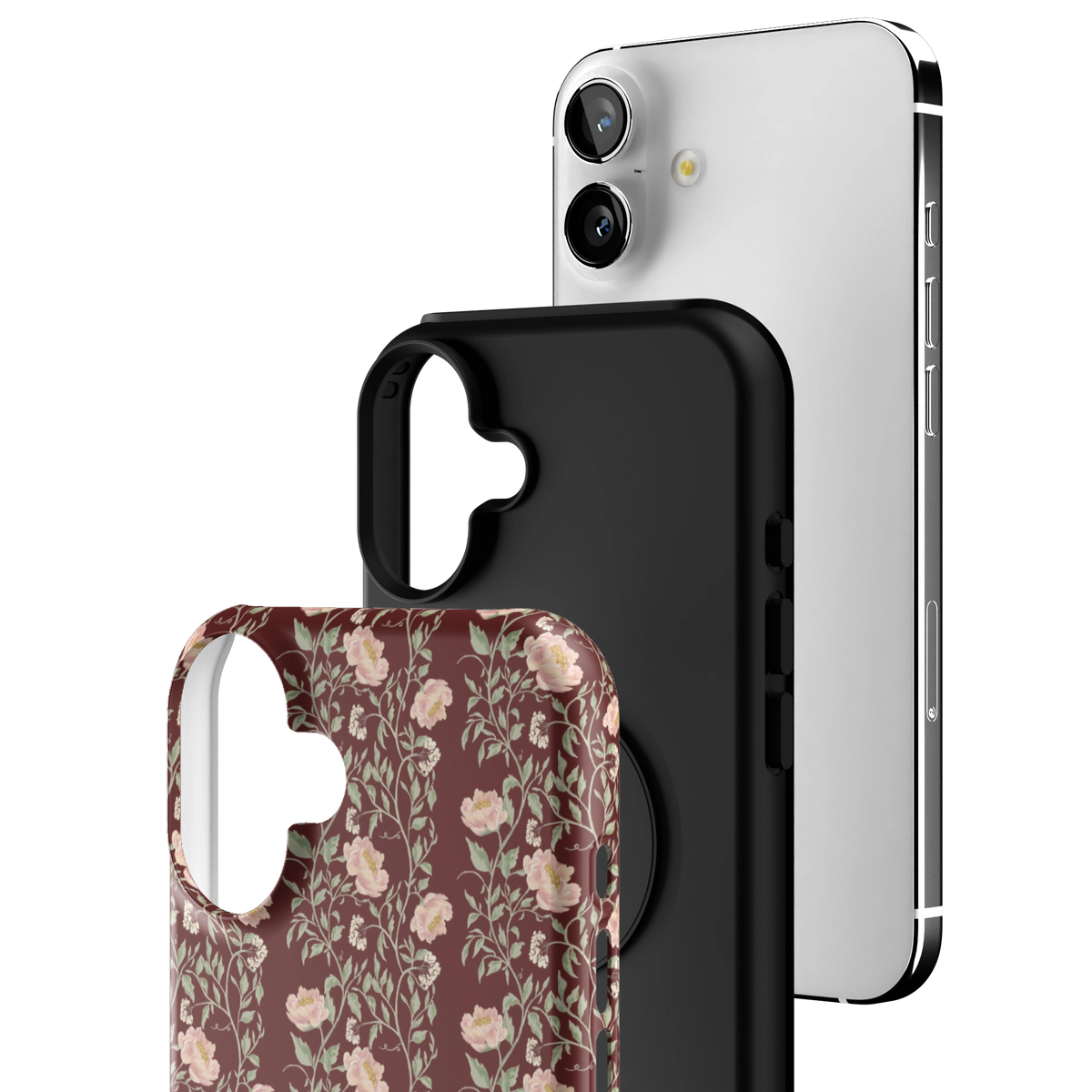 Exploded view of the Thicket iPhone 16 Plus case: printed shell, black inner layer with MagSafe ring, and phone