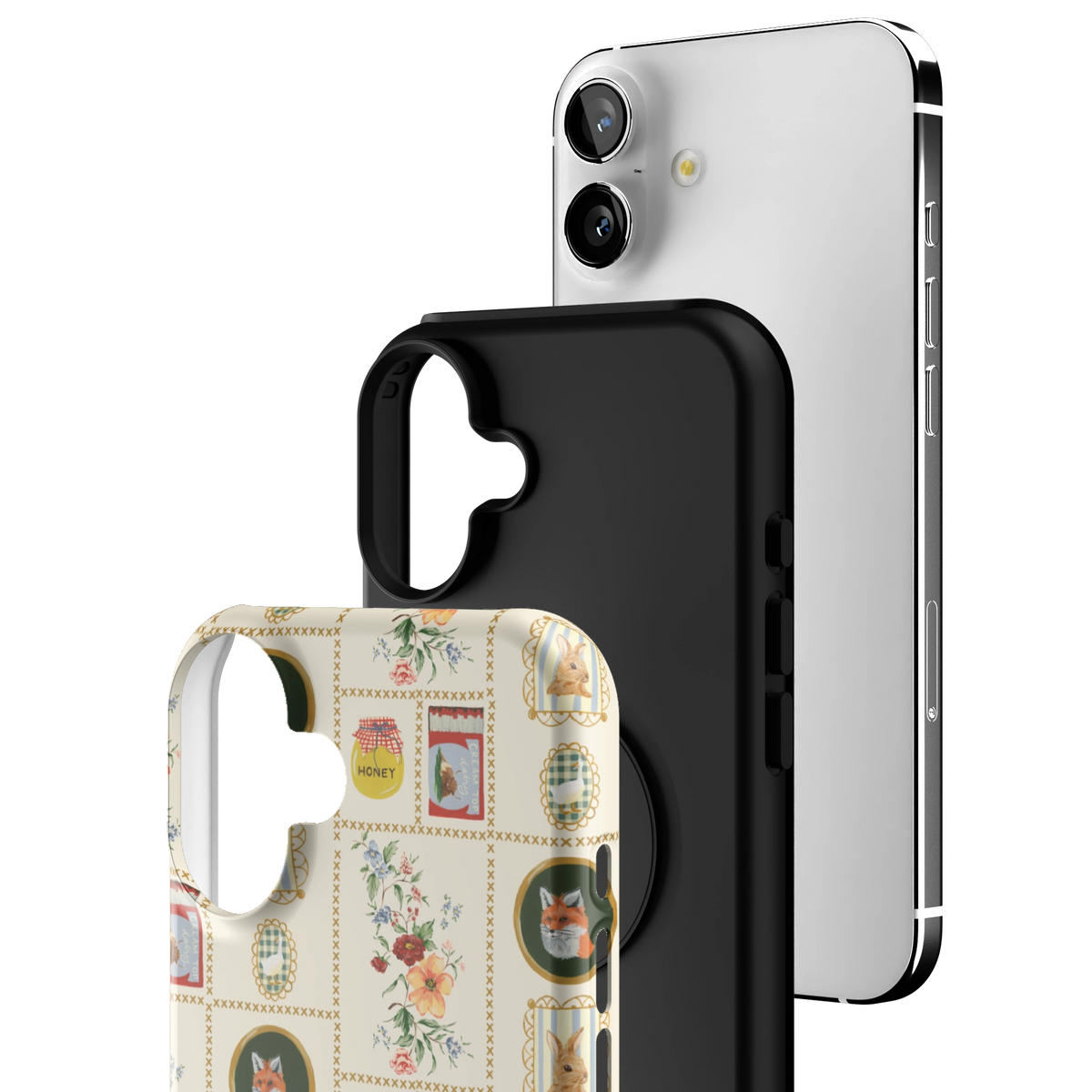 Exploded view of the Sampler Personalized iPhone 16 Plus case: printed shell, black inner layer with MagSafe ring, and phone