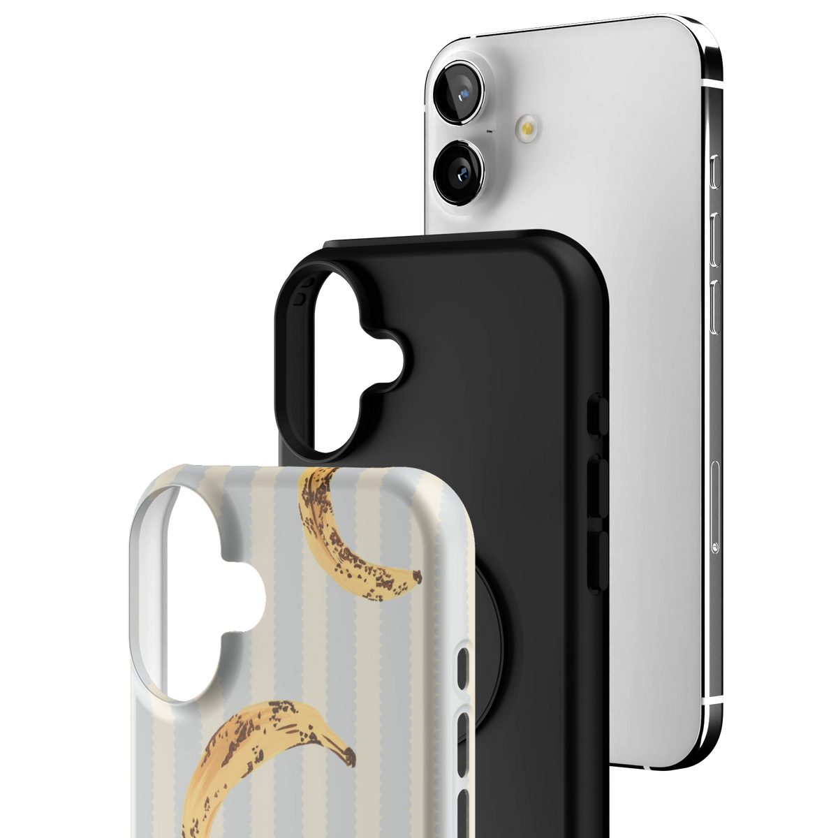 Exploded view of the Striped Bananas Personalized iPhone 16 Plus case: printed shell, black inner layer with MagSafe ring, and phone