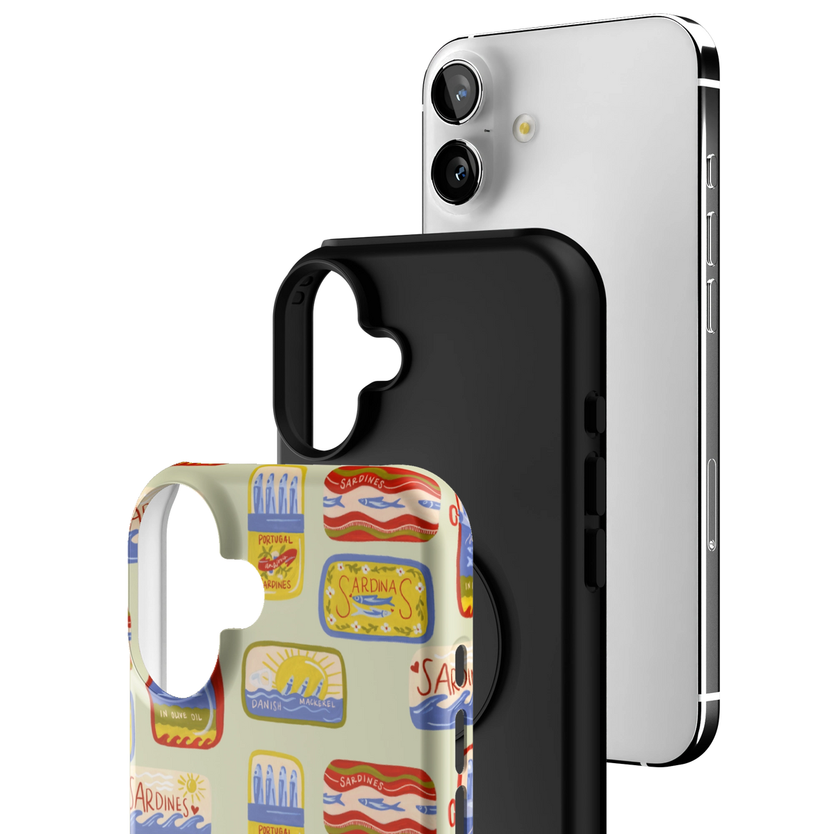 Exploded view of the Sardines iPhone 16 Plus case: printed shell, black inner layer with MagSafe ring, and phone