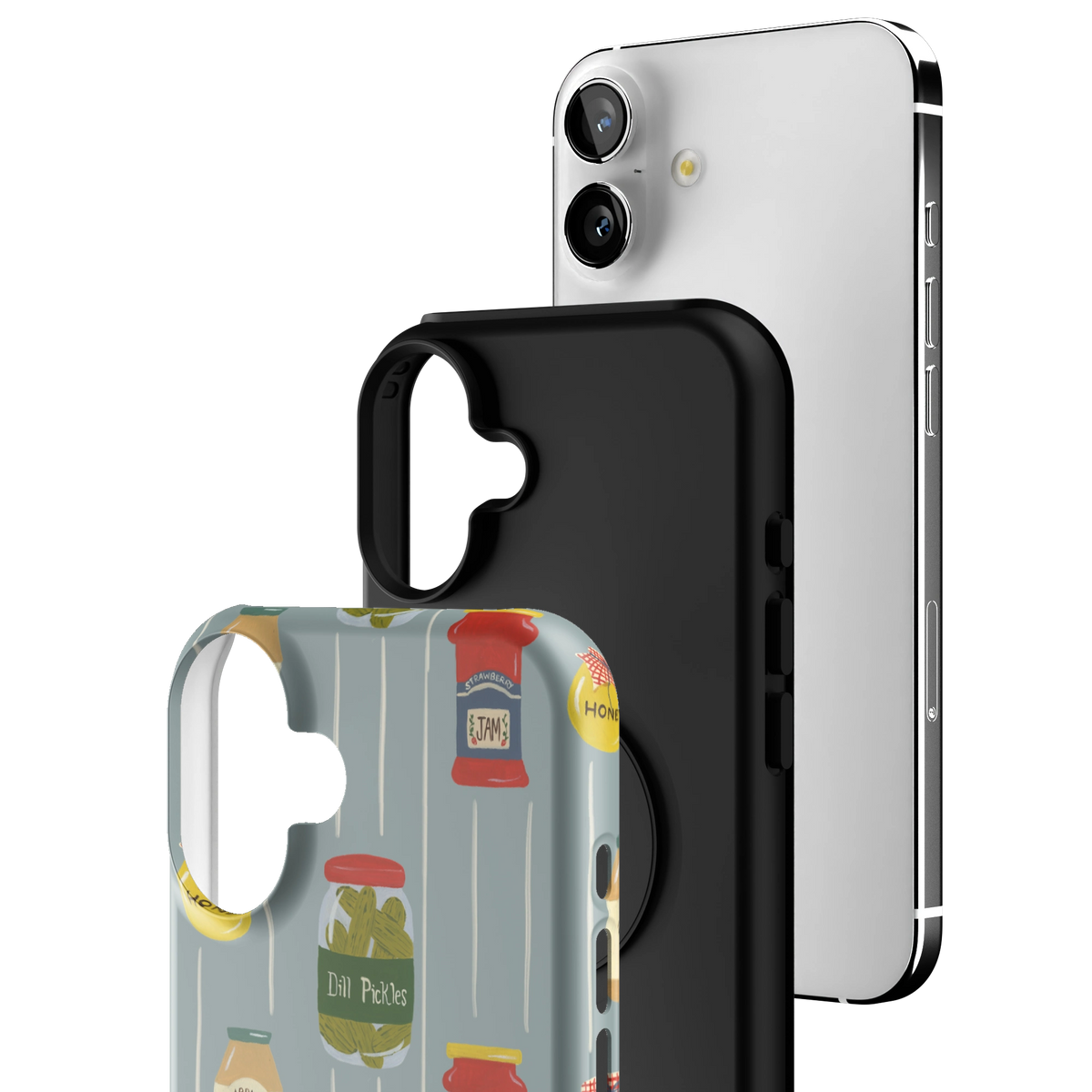 Exploded view of the Preserves Personalized iPhone 16 Plus case: printed shell, black inner layer with MagSafe ring, and phone