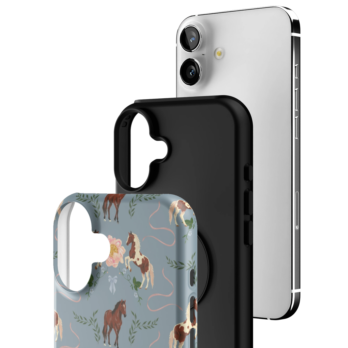 Exploded view of the Prairie Personalized iPhone 16 Plus case: printed shell, black inner layer with MagSafe ring, and phone