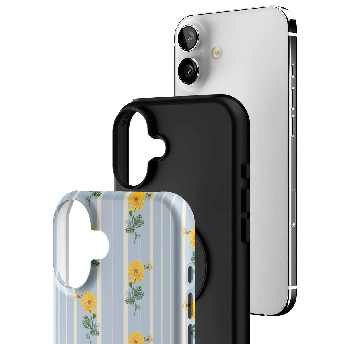 Exploded view of the October Birth Month iPhone 16 Plus case: printed shell, black inner layer with MagSafe ring, and phone