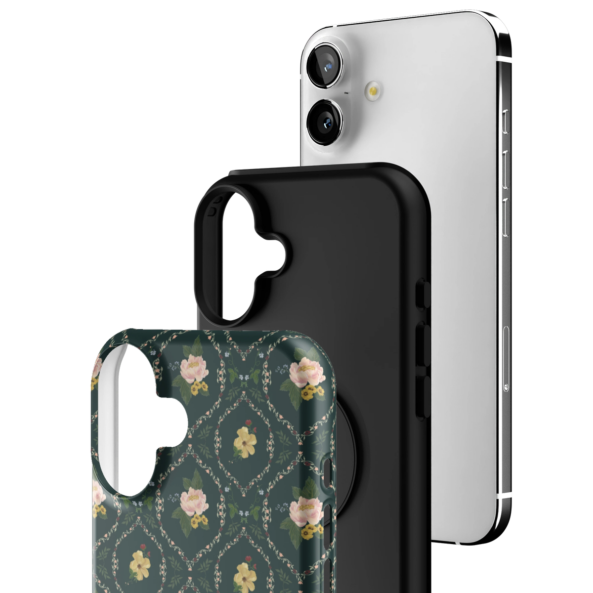 Exploded view of the Meadow iPhone 16 Plus case: printed shell, black inner layer with MagSafe ring, and phone