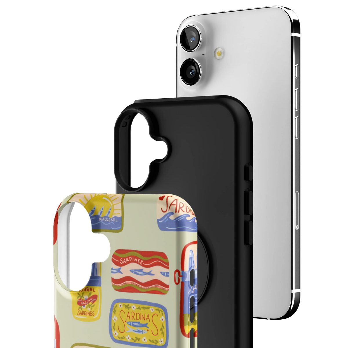 Exploded view of the Sardines Personalized iPhone 16 Plus case: printed shell, black inner layer with MagSafe ring, and phone