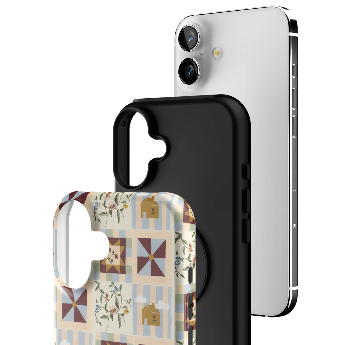 Exploded view of the Pinwheel Personalized iPhone 16 Plus case: printed shell, black inner layer with MagSafe ring, and phone