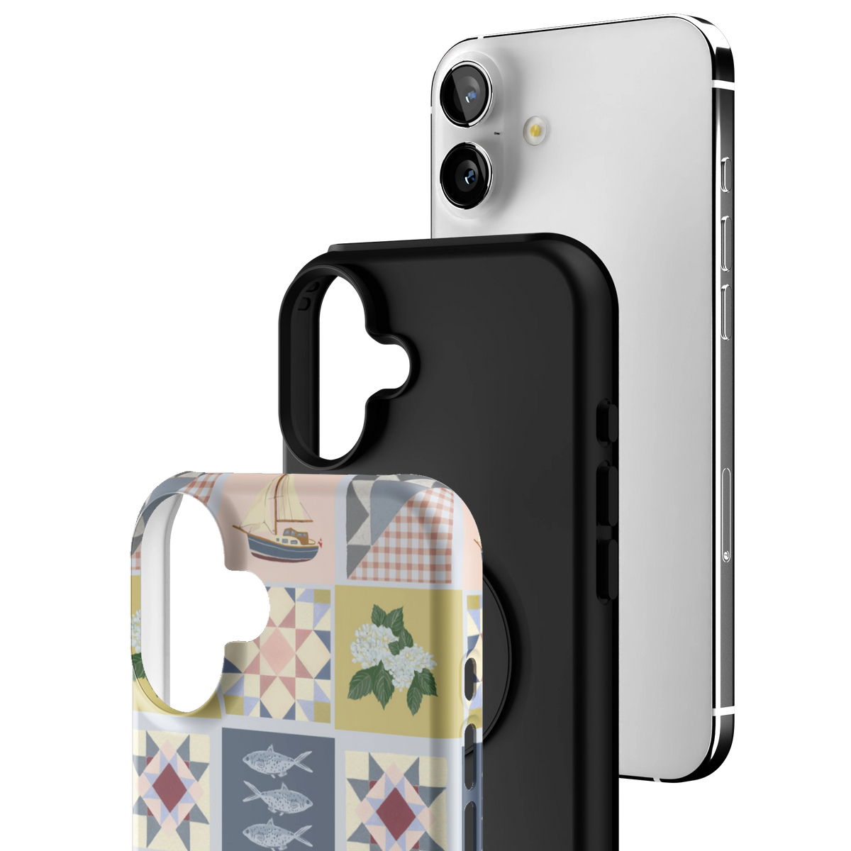 Exploded view of the Coastal Quilt iPhone 16 Plus case: printed shell, black inner layer with MagSafe ring, and phone