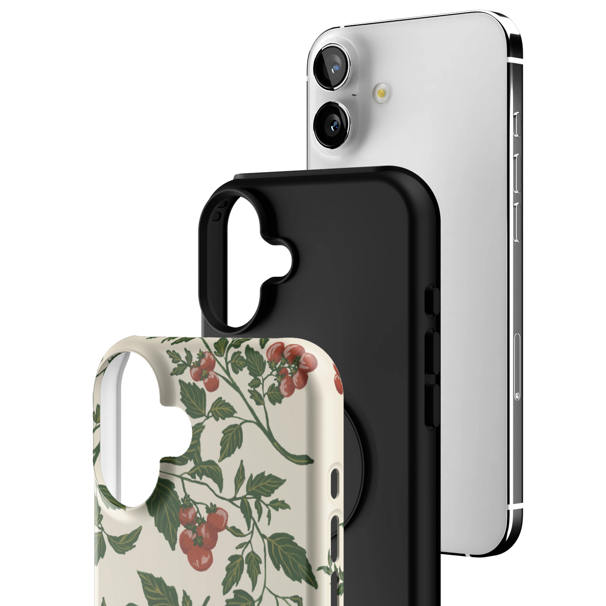 Exploded view of the Tomato Vines iPhone 16 Plus case: printed shell, black inner layer with MagSafe ring, and phone