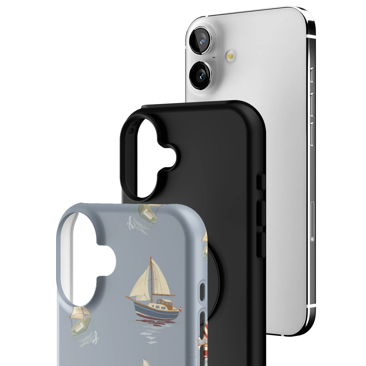 Exploded view of the Harbor iPhone 16 Plus case: printed shell, black inner layer with MagSafe ring, and phone
