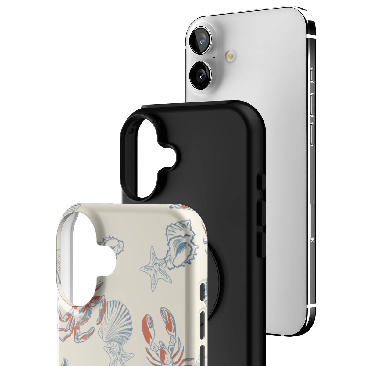 Exploded view of the Mariner Personalized iPhone 16 Plus case: printed shell, black inner layer with MagSafe ring, and phone