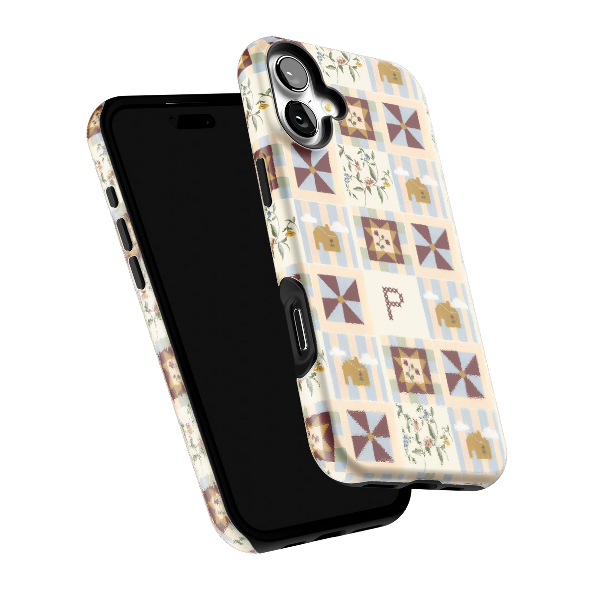 Pinwheel Personalized iPhone 16 Plus case tilted to show the raised edges around the screen and camera
