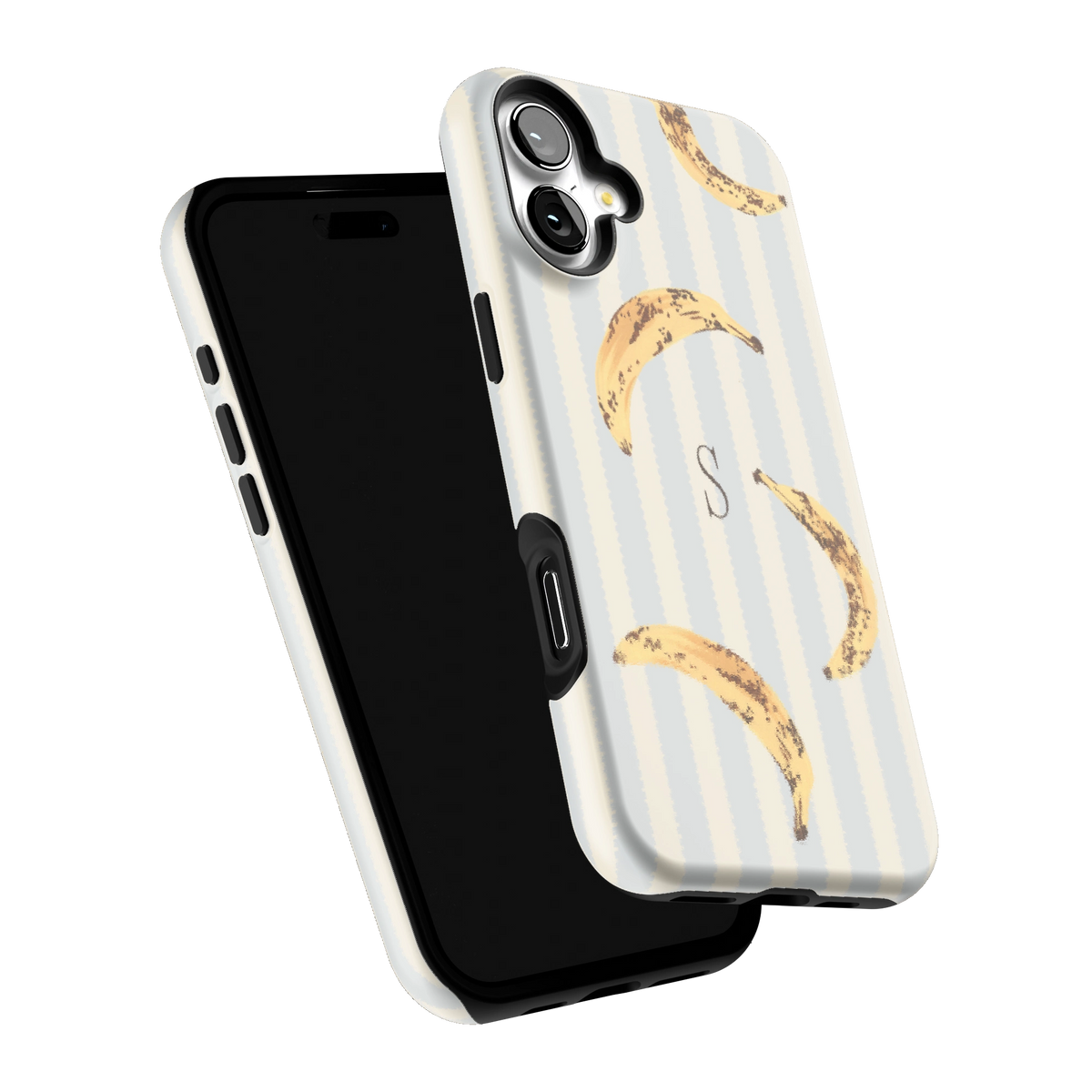 Striped Bananas Personalized iPhone 16 Plus case tilted to show the raised edges around the screen and camera