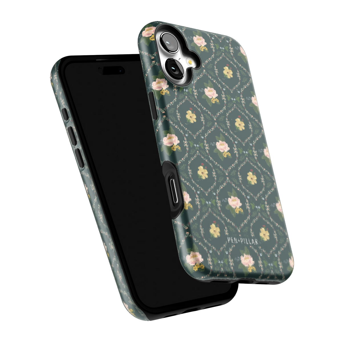 Meadow iPhone 16 Plus case tilted to show the raised edges around the screen and camera