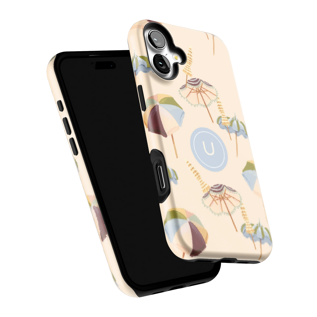 Umbrellas Personalized iPhone 16 Plus case tilted to show the raised edges around the screen and camera