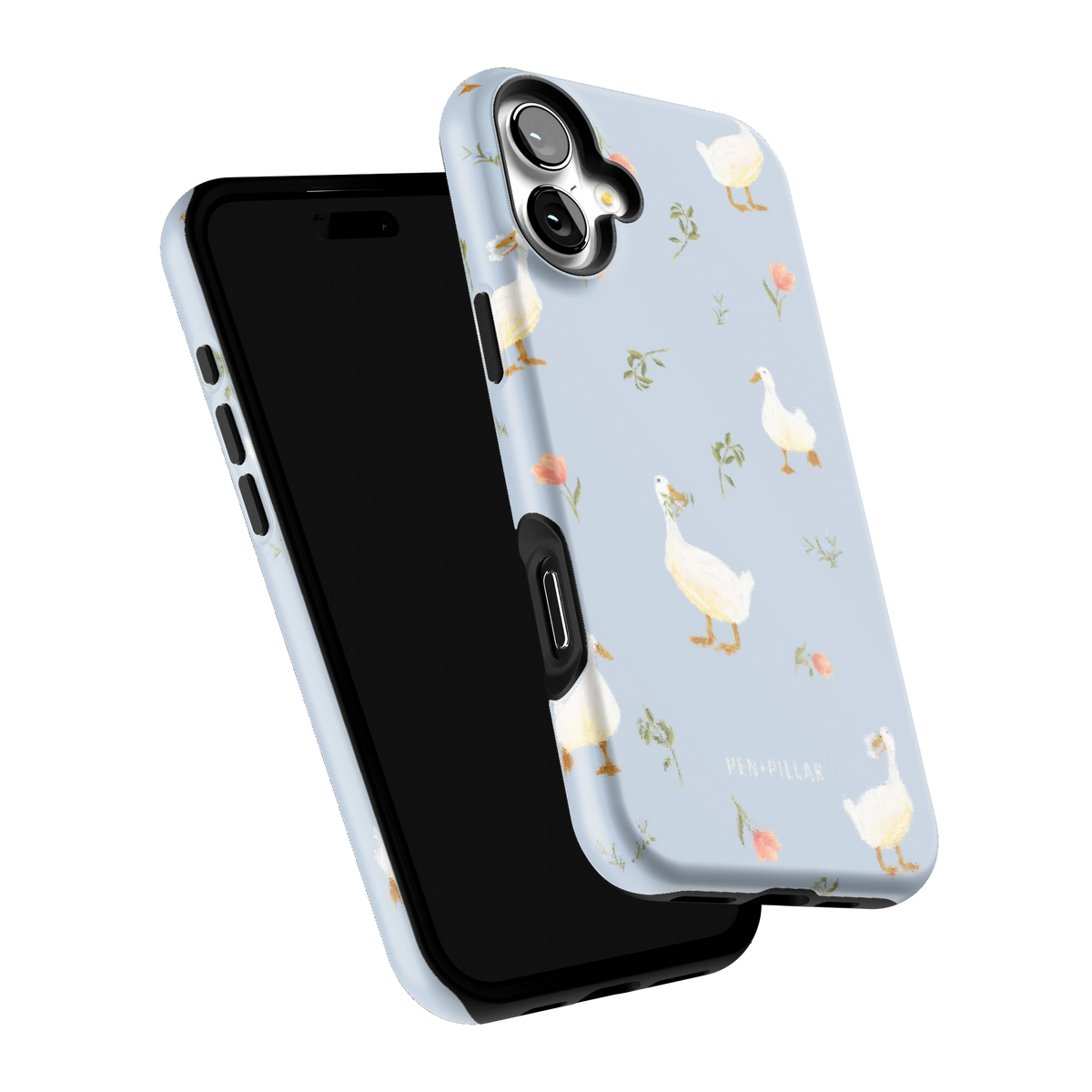 Ducks iPhone 16 Plus case tilted to show the raised edges around the screen and camera