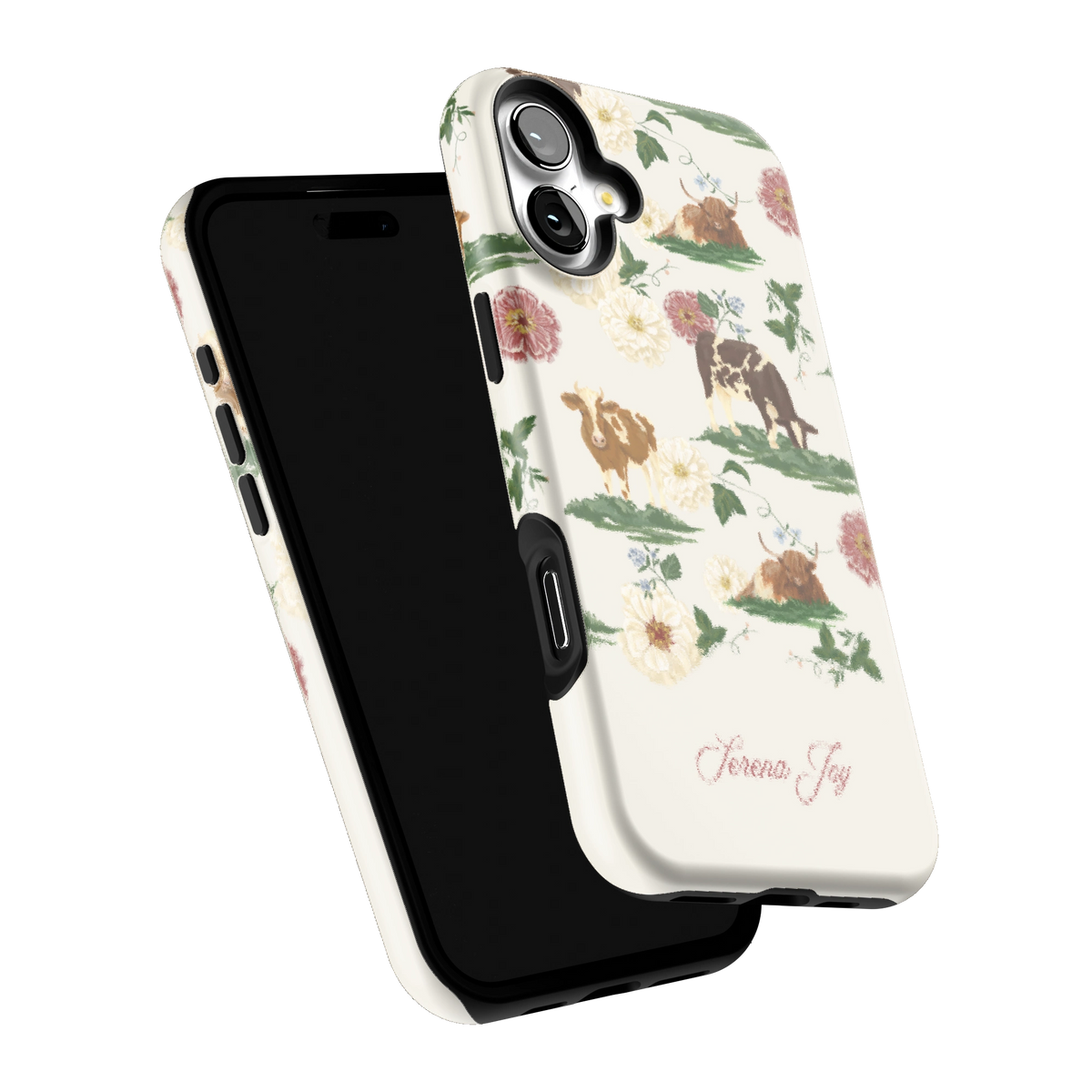 Pasture Personalized iPhone 16 Plus case tilted to show the raised edges around the screen and camera