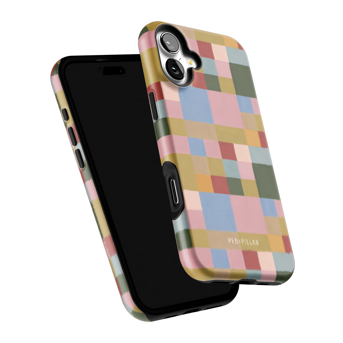 Colorblock iPhone 16 Plus case tilted to show the raised edges around the screen and camera