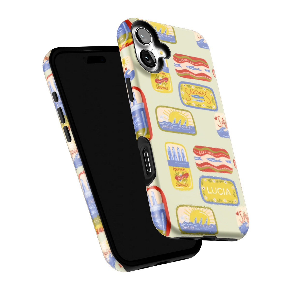 Sardines Personalized iPhone 16 Plus case tilted to show the raised edges around the screen and camera