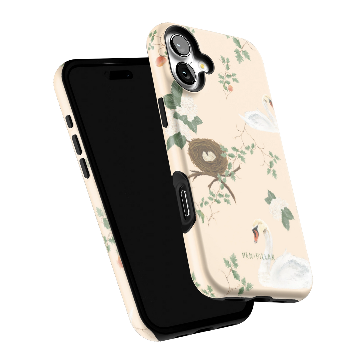 Swan Hollow iPhone 16 Plus case tilted to show the raised edges around the screen and camera