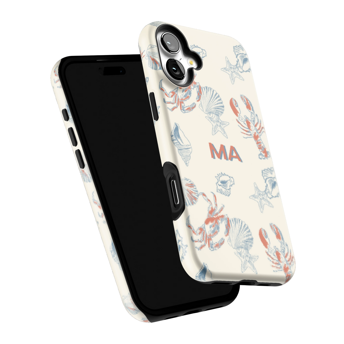 Mariner Personalized iPhone 16 Plus case tilted to show the raised edges around the screen and camera