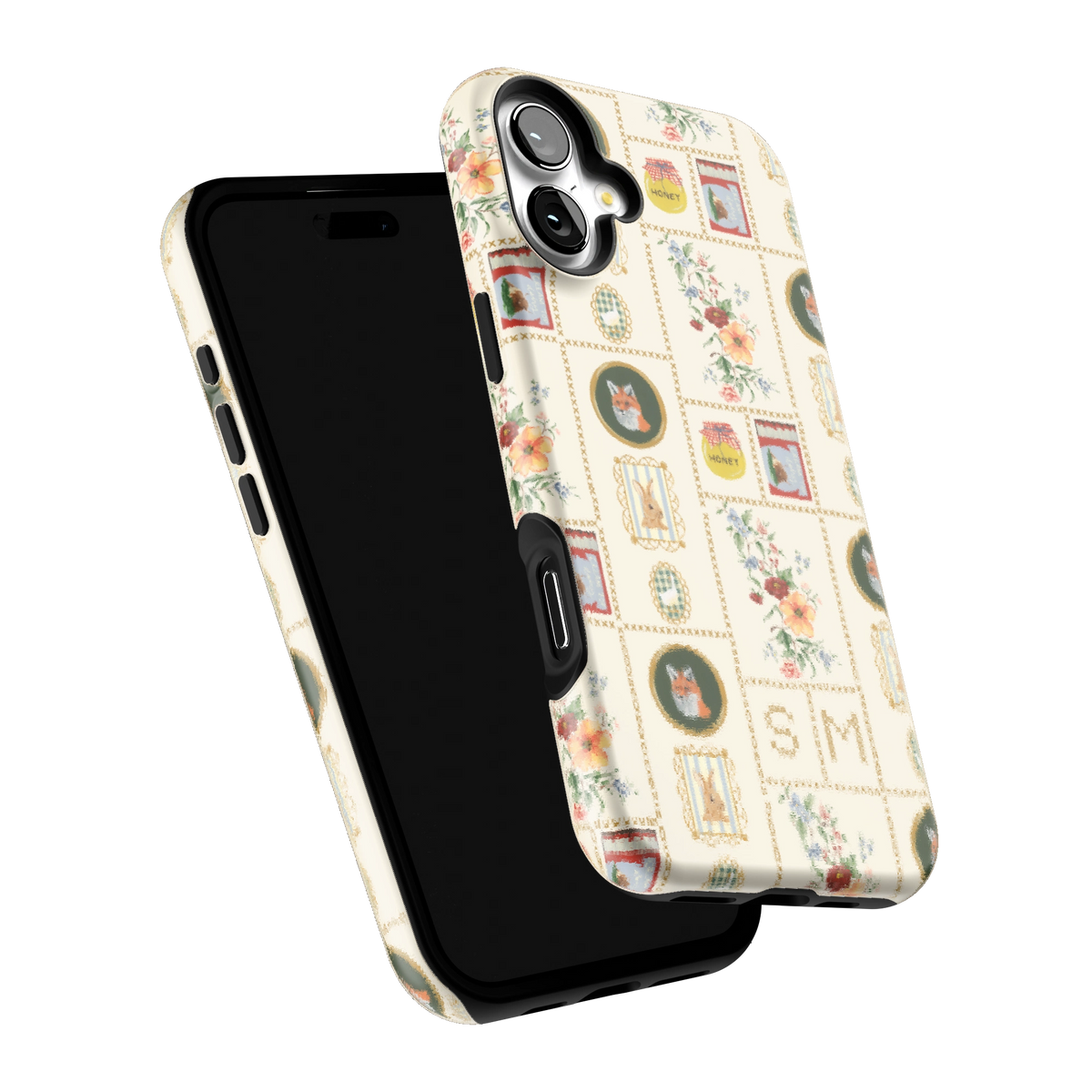 Sampler Personalized iPhone 16 Plus case tilted to show the raised edges around the screen and camera
