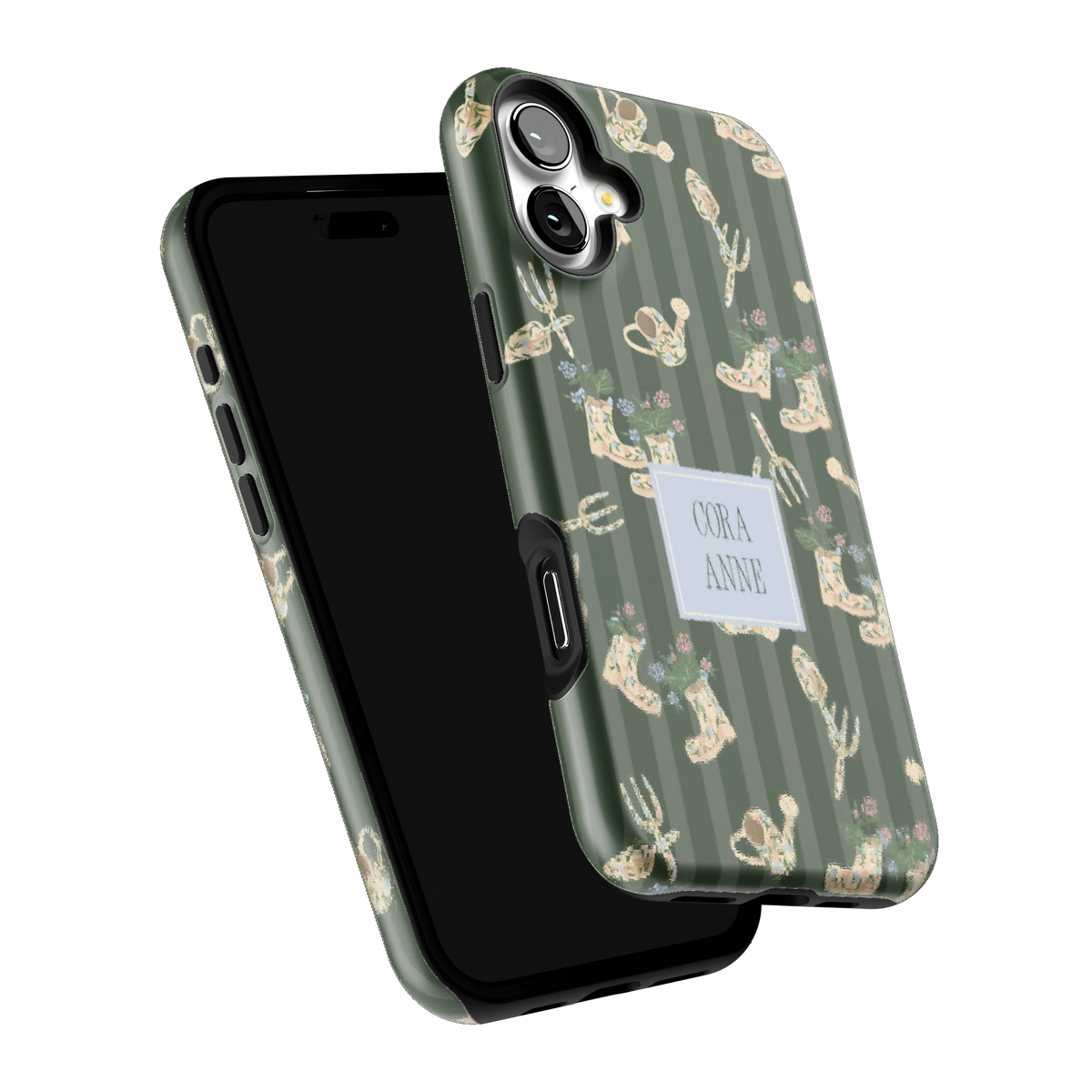 In the Garden Personalized iPhone 16 Plus case tilted to show the raised edges around the screen and camera