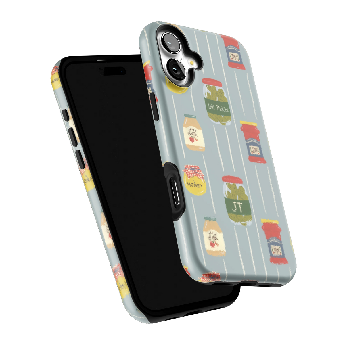 Preserves Personalized iPhone 16 Plus case tilted to show the raised edges around the screen and camera