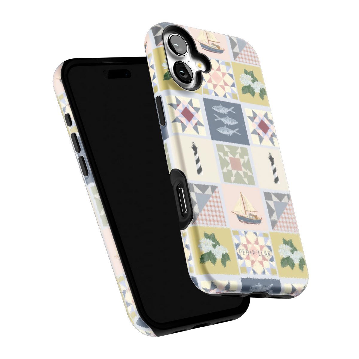 Coastal Quilt iPhone 16 Plus case tilted to show the raised edges around the screen and camera