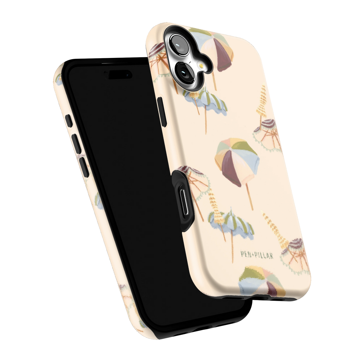 Umbrellas iPhone 16 Plus case tilted to show the raised edges around the screen and camera